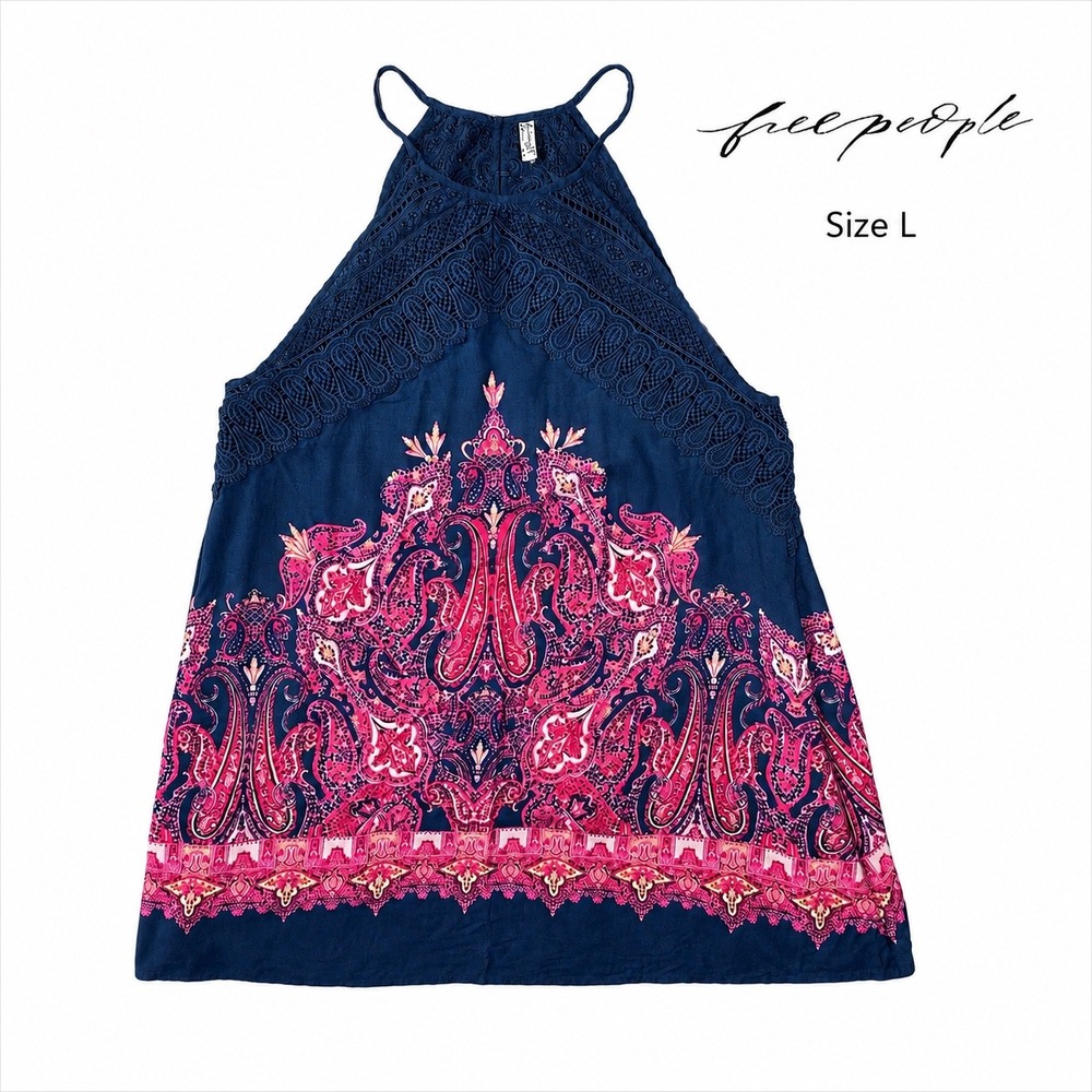 Free People Intimately Shae Boho Paisley Lace Mini Dress Navy Pink Size L